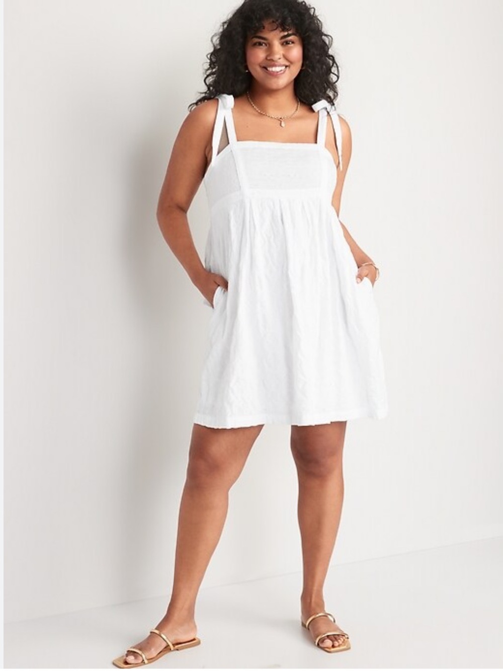 Tie-Shoulder Embroidered Mini Babydoll Swing Dress